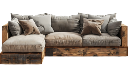 Cozy Three Seater Sofa In Wood Isolated on Transparent Background