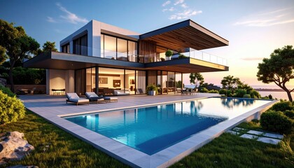 Modern Dream Home Poolside Luxury at Sunset. (1)