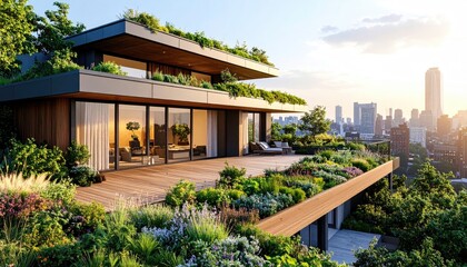 Fototapeta premium Urban Oasis Rooftop Garden Retreat with City Views at Sunset.