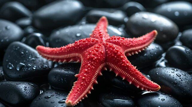 Red starfish on a backdrop of damp pebbles in close-up