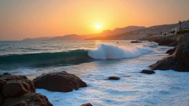 Powerful waves crash up on rocky ocean shoreline with stunning golden hour glow in sky Greece Mykonos