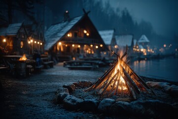 Naklejka premium A serene campsite scene at night showcasing a glowing campfire with camping gear such as a bench, tent, and camping chairs by a serene lake.