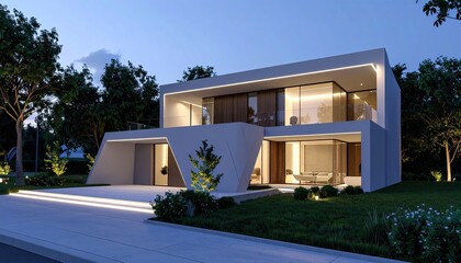 Modern Villa Dusk Sleek Architecture with Luminous Home, and Serene Evening.