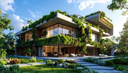 Fototapeta premium Green Oasis Modern Home Integrated with Lush Garden Landscape.