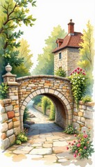 Charming Stone Bridge Leading to Quaint House Surrounded by Lush Greenery and Vibrant Flowers in a Serene Setting