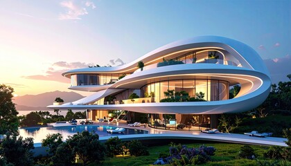 Fototapeta premium Futuristic Luxury Modern Villa with Poolside Sunset Paradise.