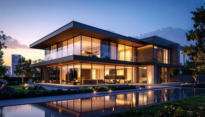 Fototapeta premium Modern Luxury Home at Dusk Reflections on Water.