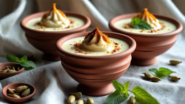 Authentic almond lassi yogurt with cardamom, mint, and saffron displayed in terracotta cups.