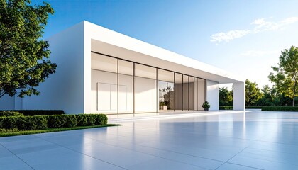 Modern White Facade Sleek Architecture in Sunlight with Minimalist Design.
