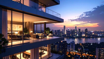 Obraz premium Luxury Living Balcony View of City Lights at Sunset from a High Rise.