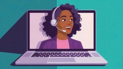 Professional Afro-American woman providing online support on a laptop screen