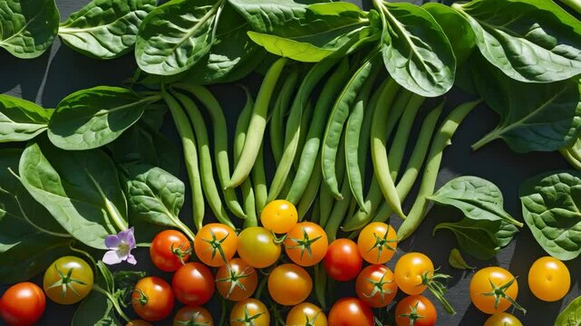 SUNLIT ORGANIC SPINACH, CELERY LEAVES, RUNNER BEANS, YELLOW PEAR TOMATOES, AND EDIBLE FLOWERS