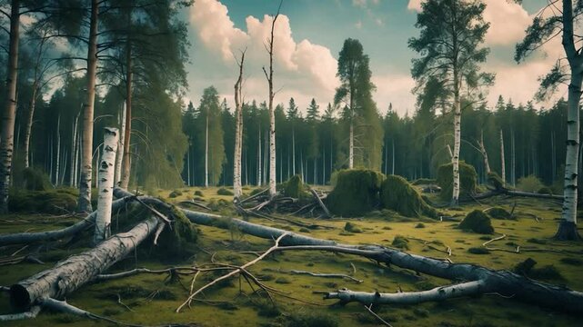 An expansive forest of pine and birch trees that experienced a storm, causing some trees to be broken and damaged