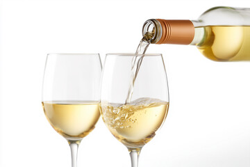 White wine being poured into a wine glass on a white background