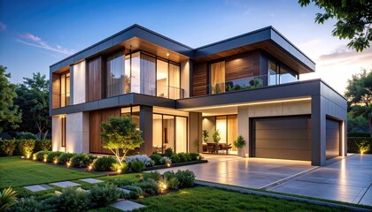 Fototapeta premium Modern Luxury Home at Dusk Contemporary Architecture and Landscaping.
