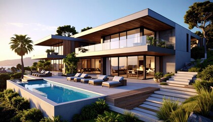 Fototapeta premium Modern Villa Paradise Poolside Luxury Living with Ocean View.