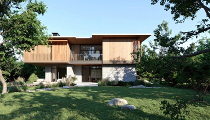 Modern wood home amidst lush greenery Serene architecture.