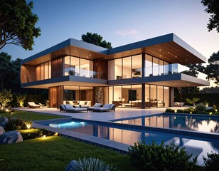 Fototapeta premium Modern Villa at Dusk with Pool Reflection Serenity.
