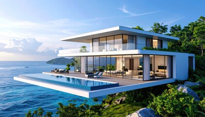 Fototapeta premium Luxury villa overlooking the ocean with infinity pool and deck.