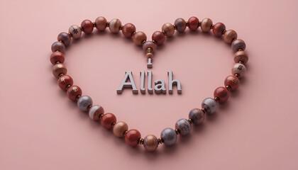 Obraz premium 3D render of prayer beads (tasbeeh) arranged in a heart shape with 'Allah' inscribed, concept of devotion and dhikr 