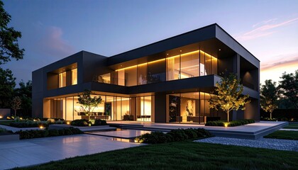 Modern Villa Glow Elegant Architecture at Dusk with Luxury Living.