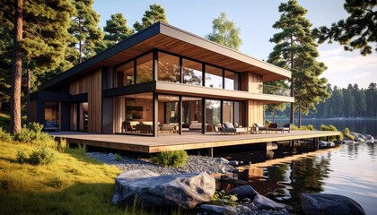 Fototapeta premium Lakeside Modern Retreat Serene Home on Waters Edge.