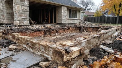Fototapeta premium House Foundation Demolition: A Detailed View of a Home's Foundation Undergoing Renovation, Showing Exposed Soil and Masonry.