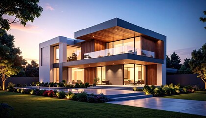 Modern Dream Home Sleek Design  Warm Light at Dusk.