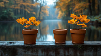 Rustic clay pots arranged on a wooden ledge with a vibrant autumn forest in the background, capturing the warmth and natural beauty of fall season and handcrafted pottery.

