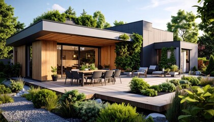 Modern Home Oasis Outdoor Dining with Deck, Garden, and Tranquil Living.