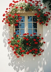 Obraz premium Red Geraniums Blooming Around Window