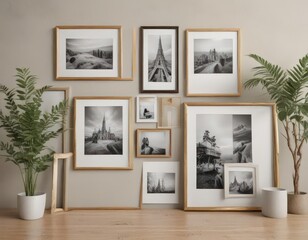 Fototapeta premium Photo frame collage mockup showcasing diverse styles & sizes against a neutral backdrop Elegant & creative arrangement , frame mockup, minimal, decor