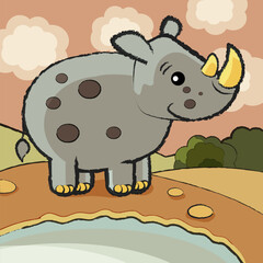 Vector image of a cute cartoon rhino, simple flat graphics for kids. A zoo character, a hand-drawn animal in the style of a children's drawing
