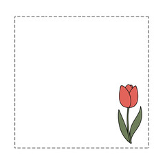 Minimalist frame border with a red tulip on a white background  