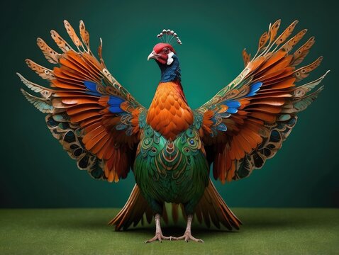 "Male Ring-Necked Pheasant Displaying in Spring Sunset &ndash; Courting Behavior in Green Meadow Habitat"