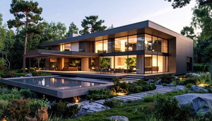 Obraz premium Modern Luxury Home Oasis Poolside Retreat at Sunset.