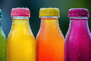 Colorful bottles filled with vibrant juice have water droplets outside. Perfect for illustrating thirst, refreshment, or healthy beverage concepts.