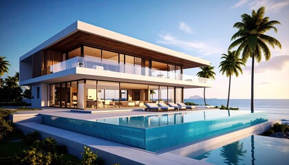 Fototapeta premium Beachfront Bliss Modern Villa with Infinity Pool at Sunset.