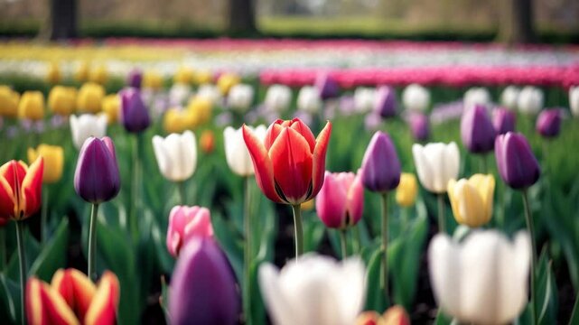 Charming panorama of blooming tulip flowers in a field, floral scenery, ornamentation.