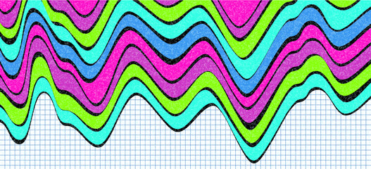 Colorful background with wavy crayon strokes flowing over a notebook grid. Bright scribble lines with a textured hand-drawn look. Creative school-themed backdrop with vibrant marker or chalk effect.
