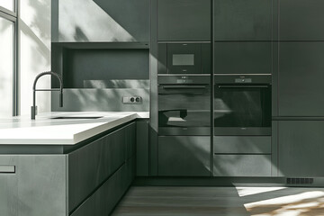 Modern dark grey kitchen design minimalist style built in appliances