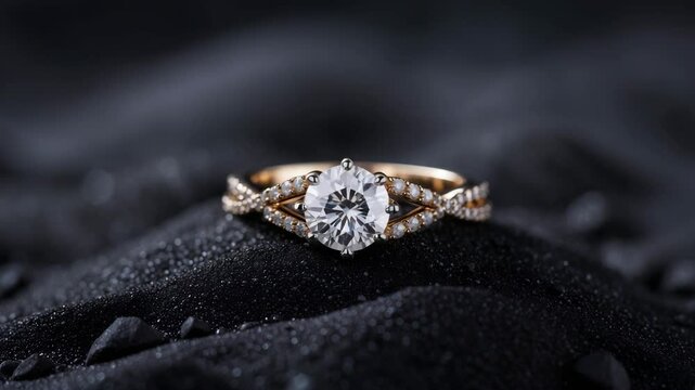 Close-up video of an elegant ring on a black sand surface.