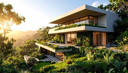 Modern Villa Oasis Lush Greenery with Sunset Views, and Dream Home.