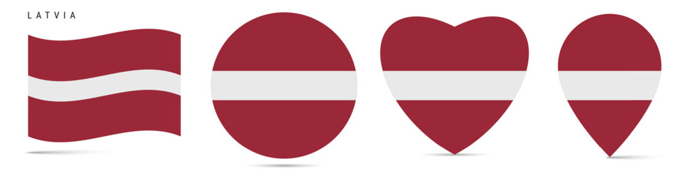 Obraz premium Latvia waving flag, round circle sticker badge, heart shaped icon, map pin. Latvian flag buttons of different shapes. Vector illustration isolated on white.