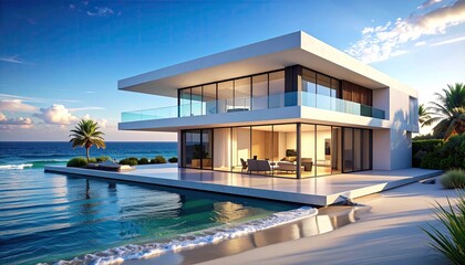 Oceanfront Dream Home Modern Villa on Sandy Beach at Sunset.