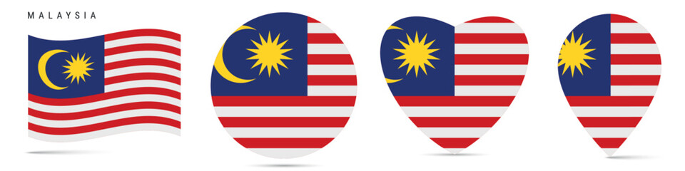 Malaysia waving flag, round circle sticker badge, heart shaped icon, map pin. Malaysian flag buttons of different shapes. Vector illustration isolated on white.