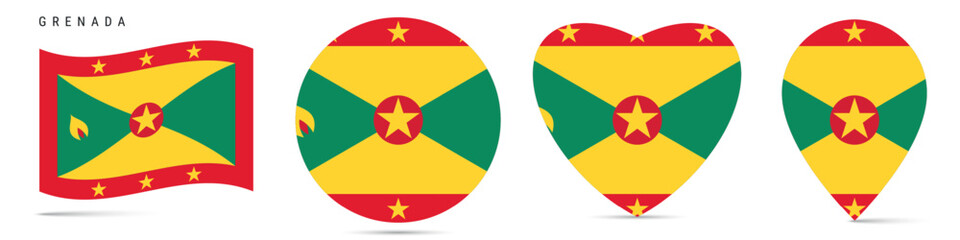 Grenada waving flag, round circle sticker badge, heart shaped icon, map pin. Grenadian flag buttons of different shapes. Vector illustration isolated on white.