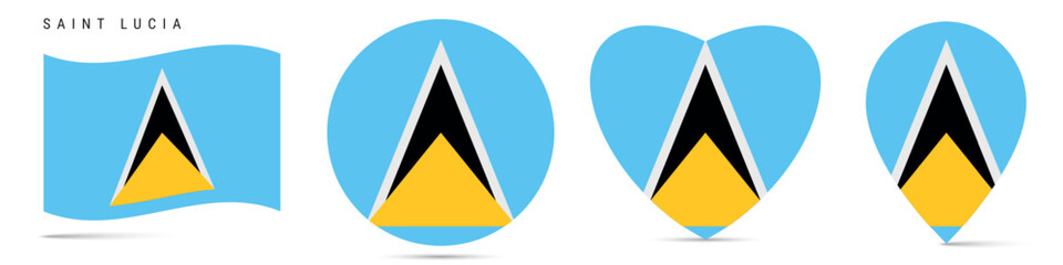 Saint Lucia waving flag, round circle sticker badge, heart shaped icon, map pin. Saint Lucian flag buttons of different shapes. Vector illustration isolated on white.