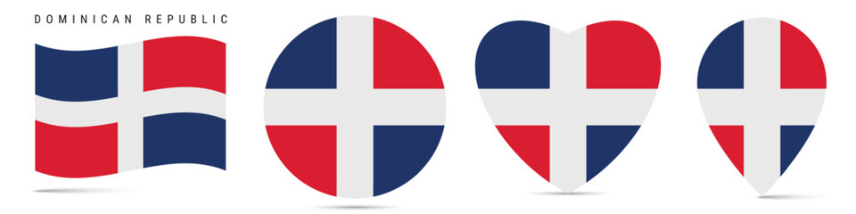Obraz premium Dominican Republic waving flag, round circle sticker badge, heart shaped icon, map pin. Republica Dominicana flag buttons of different shapes. Vector illustration isolated on white.