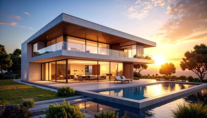 Fototapeta premium Modern Luxury Home at Sunset with Pool and Ocean View.